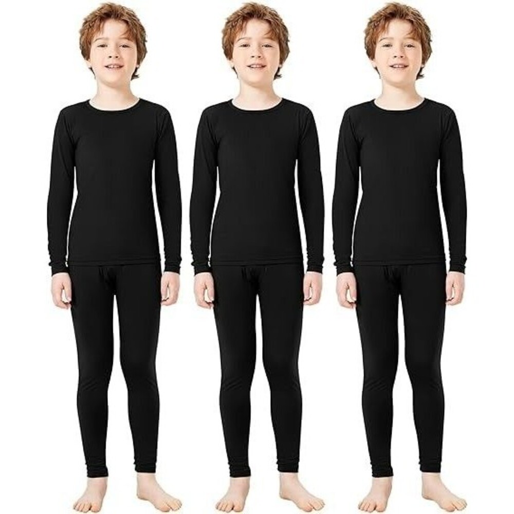 Silkfly 3-Pack Boys Thermal Underwear Set MEDIUM Black Fleece Shirt and Pant